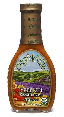 photo of organic vegan french dressing by organic ville brand packaged in glass bottle with screw on cap and colorful paper label