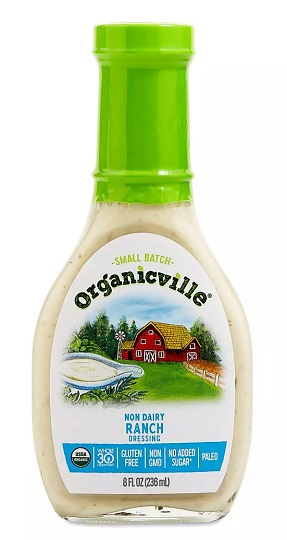 photo of organic vegan ranch dressing by organic ville brand in glass bottle with screw on cap with white paper label