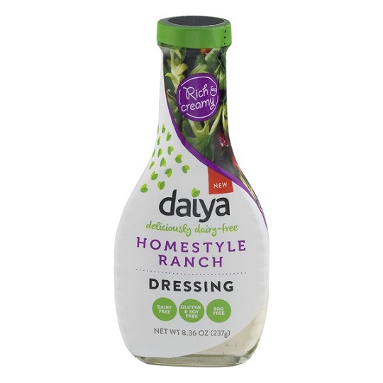 photo of vegan ranch dressing by daiya brand packaged in bottle with screw on cap