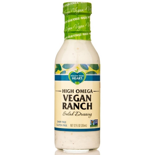 photo of high omega vegan ranch dressing by follow your heart brand packaged in glass bottle with screw on cap